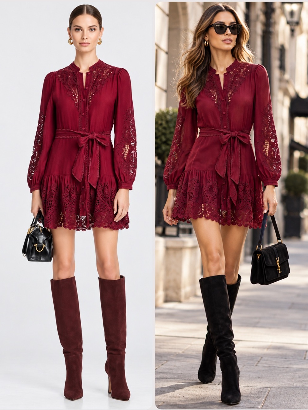 FARM Rio Cotton/Viscose Wine Red Eyelet Lace Tie-Waist Mini Dress NWT $320